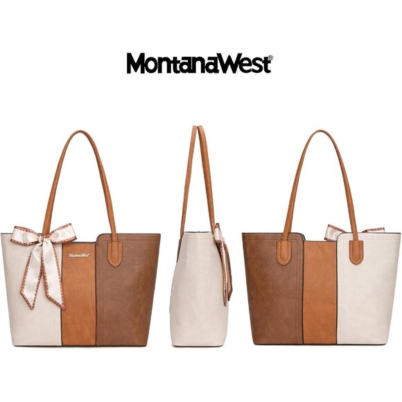Women Beige With Brown Imported Vegan Leather Medium Top Handle Satchel Tote Bag - Picture 3 of 6